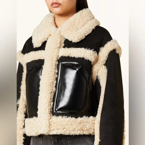 Stand Studio Black Faux Leather Shearling Edith Jacket Cropped 6/42 IT - Picture 2 of 5